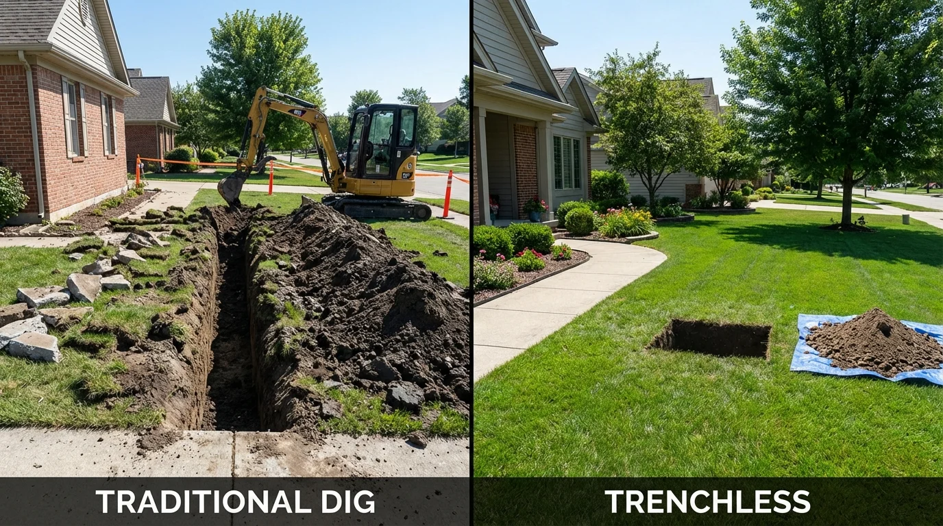 Trenchless sewer repair with minimal yard damage versus traditional excavation in Fairfield, CT